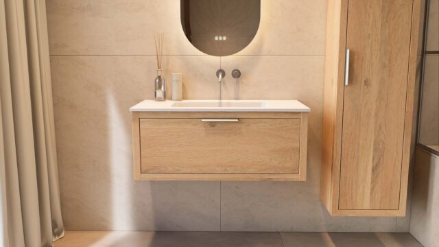 Wandhängendes Badezimmermöbel 100 cm aus Natureiche mit eine Schublade und matt-weißer Mineralguss-Waschtisch