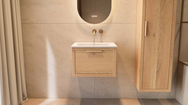 Wandhängendes Badezimmermöbel 60 cm aus Natureiche mit eine Schublade und matt-weißer Mineralguss-Waschtisch