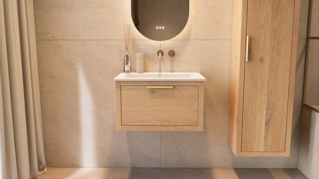 Wandhängendes Badezimmermöbel 70 cm aus Natureiche mit eine Schublade und matt-weißer Mineralguss-Waschtisch