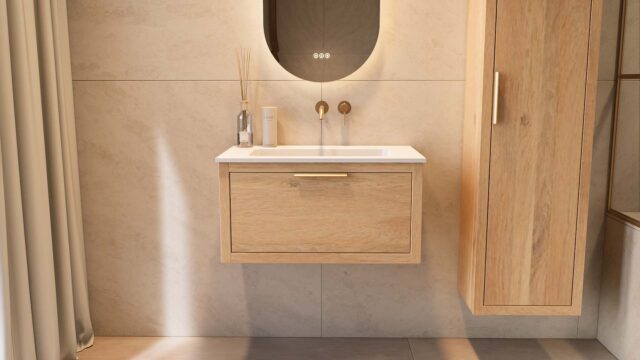 Wandhängendes Badezimmermöbel 80 cm aus Natureiche mit eine Schublade und matt-weißer Mineralguss-Waschtisch