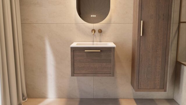 Wandhängendes Badezimmermöbel 60 cm aus dunkler Eiche mit eine Schublade und matt-weißer Mineralguss-Waschtisch