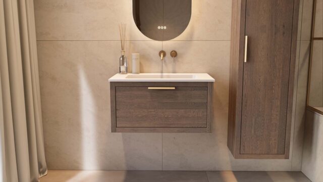 Wandhängendes Badezimmermöbel 80 cm aus dunkler Eiche mit eine Schublade und matt-weißer Mineralguss-Waschtisch