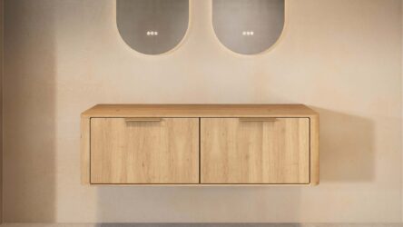 Wandhängender runder Badezimmer-Unterschrank 140 cm aus Natureiche mit abgerundeten Ecken und glatter Front