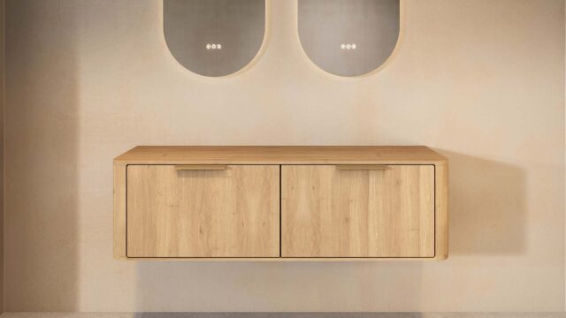Wandhängender runder Badezimmer-Unterschrank 140 cm aus Natureiche mit abgerundeten Ecken und glatter Front