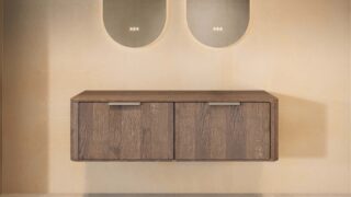 Wandhängender runder Badezimmer-Unterschrank 140 cm aus dunkler Eiche mit abgerundeten Ecken und glatter Front