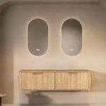 Wandhängender runder Badezimmer-Unterschrank 160 cm aus Natureiche mit abgerundeten Ecken und glatter Front