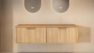 Wandhängender runder Badezimmer-Unterschrank 160 cm aus Natureiche mit abgerundeten Ecken und glatter Front