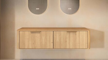 Wandhängender runder Badezimmer-Unterschrank 160 cm aus Natureiche mit abgerundeten Ecken und glatter Front
