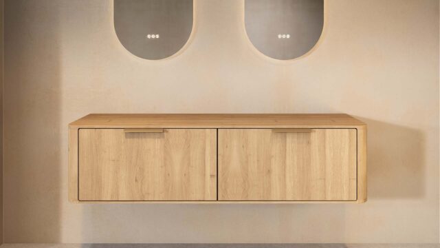 Wandhängender runder Badezimmer-Unterschrank 160 cm aus Natureiche mit abgerundeten Ecken und glatter Front
