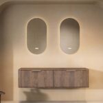 Wandhängender runder Badezimmer-Unterschrank 160 cm aus dunkler Eiche mit abgerundeten Ecken und glatter Front
