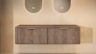 Wandhängender runder Badezimmer-Unterschrank 160 cm aus dunkler Eiche mit abgerundeten Ecken und glatter Front