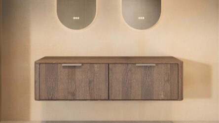 Wandhängender runder Badezimmer-Unterschrank 160 cm aus dunkler Eiche mit abgerundeten Ecken und glatter Front