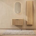 Wandhängender runder Badezimmer-Unterschrank 80 cm aus Natureiche mit abgerundeten Ecken und Riffelfront