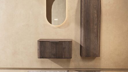 Wandhängender runder Badezimmer-Unterschrank 80 cm aus dunkler Eiche mit abgerundeten Ecken und Riffelfront