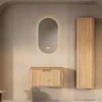 Wandhängender runder Badezimmer-Unterschrank 80 cm aus Natureiche mit abgerundeten Ecken und glatter Front