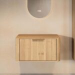 Wandhängender runder Badezimmer-Unterschrank 80 cm aus Natureiche mit abgerundeten Ecken und glatter Front
