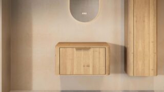 Wandhängender runder Badezimmer-Unterschrank 80 cm aus Natureiche mit abgerundeten Ecken und glatter Front