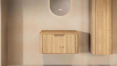 Wandhängender runder Badezimmer-Unterschrank 80 cm aus Natureiche mit abgerundeten Ecken und glatter Front