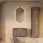 Wandhängender runder Badezimmer-Unterschrank 80 cm aus dunkler Eiche mit abgerundeten Ecken und glatter Front