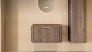 Wandhängender runder Badezimmer-Unterschrank 80 cm aus dunkler Eiche mit abgerundeten Ecken und glatter Front