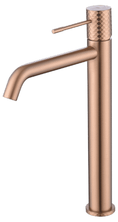 Moderne erhöhte Waschtischarmatur in Gebürstetes Kupfer, ideal für Badmöbel mit Aufsatzwaschbecken. Mit langlebiger PVD-Beschichtung. Mit 5 Jahren Garantie und in 5 Farben erhältlich.