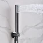 Luxuriöses thermostatisches Unterputz-Duschsystem in Black Gun Metal mit PVD-Beschichtung, Kopfbrause Ø25 cm und separatem Handbrausenset. Für Deckenmontage ausgeführt. Erhältlich in 6 Farben und mit 5 Jahren Garantie.