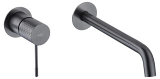 Moderne Waschtischarmatur Wandmontage in Black Gun Metal, für die Montage über Waschtisch oder Aufsatzwaschbecken. Mit langlebiger PVD-Beschichtung. Mit 5 Jahren Garantie und in 5 Farben erhältlich.