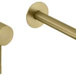 Moderne Waschtischarmatur Wandmontage in Gebürstetes Gold, für die Montage über Waschtisch oder Aufsatzwaschbecken. Mit langlebiger PVD-Beschichtung. Mit 5 Jahren Garantie und in 5 Farben erhältlich.