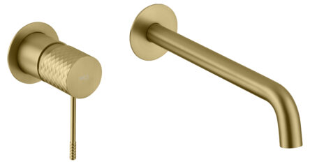 Moderne Waschtischarmatur Wandmontage in Gebürstetes Gold, für die Montage über Waschtisch oder Aufsatzwaschbecken. Mit langlebiger PVD-Beschichtung. Mit 5 Jahren Garantie und in 5 Farben erhältlich.