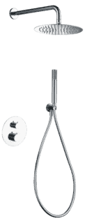 Modernes thermostatisches Unterputz-Duschsystem in Chrom mit Kopfbrause Ø25 cm und separatem Handbrausenset. Ausgeführt mit Wandanschluss. Erhältlich in 5 Farben und mit 5 Jahren Garantie.