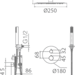 Modernes thermostatisches Unterputz-Duschsystem in gebürstetem Nickel, Kopfbrause Ø25 cm und separatem Handbrausenset. Für Deckenmontage ausgeführt. Erhältlich in 6 Farben und mit 5 Jahren Garantie.