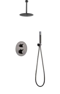 Luxuriöses thermostatisches Unterputz-Duschsystem in Black Gun Metal mit PVD-Beschichtung, Kopfbrause Ø25 cm und separatem Handbrausenset. Für Deckenmontage ausgeführt. Erhältlich in 6 Farben und mit 5 Jahren Garantie.