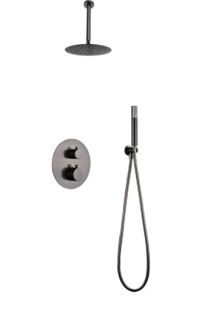 Luxuriöses thermostatisches Unterputz-Duschsystem in Black Gun Metal mit PVD-Beschichtung, Kopfbrause Ø25 cm und separatem Handbrausenset. Für Deckenmontage ausgeführt. Erhältlich in 6 Farben und mit 5 Jahren Garantie.