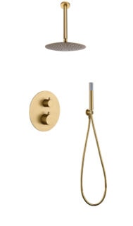 Thermostatisches Unterputz-Duschsystem in gebürstetem Gold mit PVD-Beschichtung, Kopfbrause Ø25 cm und separatem Handbrausenset. Für Deckenmontage ausgeführt. Erhältlich in 6 Farben und mit 5 Jahren Garantie.