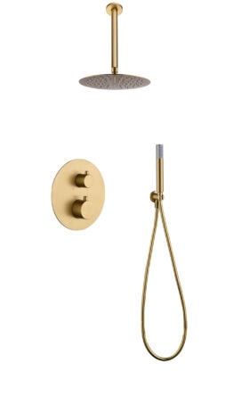Thermostatisches Unterputz-Duschsystem in gebürstetem Gold mit PVD-Beschichtung, Kopfbrause Ø25 cm und separatem Handbrausenset. Für Deckenmontage ausgeführt. Erhältlich in 6 Farben und mit 5 Jahren Garantie.