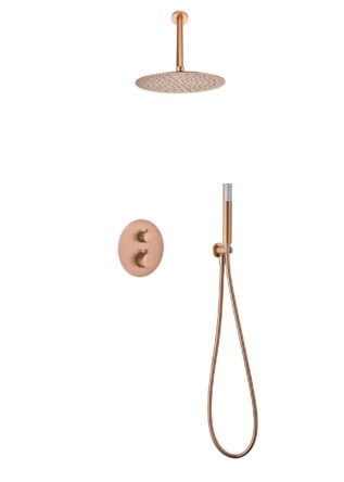 Stilvolles thermostatisches Unterputz-Duschsystem in gebürstetem Kupfer mit PVD-Beschichtung, Kopfbrause Ø25 cm und separatem Handbrausenset. Für Deckenmontage ausgeführt. Erhältlich in 6 Farben und mit 5 Jahren Garantie.