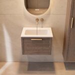 Wandhängendes Badezimmermöbel 60 cm aus dunkler Eiche mit eine Schublade und matt-weißer Mineralguss-Waschtisch