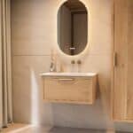 Wandhängendes Badezimmermöbel 80 cm aus Natureiche mit eine Schublade und matt-weißer Mineralguss-Waschtisch