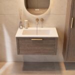 Wandhängendes Badezimmermöbel 80 cm aus dunkler Eiche mit eine Schublade und matt-weißer Mineralguss-Waschtisch