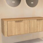 Wandhängender runder Badezimmer-Unterschrank 140 cm aus Natureiche mit abgerundeten Ecken und glatter Front