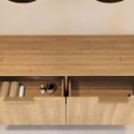 Wandhängender runder Badezimmer-Unterschrank 140 cm aus Natureiche mit abgerundeten Ecken und glatter Front