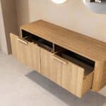 Wandhängender runder Badezimmer-Unterschrank 140 cm aus Natureiche mit abgerundeten Ecken und glatter Front