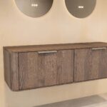 Wandhängender runder Badezimmer-Unterschrank 140 cm aus dunkler Eiche mit abgerundeten Ecken und glatter Front