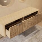 Wandhängender runder Badezimmer-Unterschrank 160 cm aus Natureiche mit abgerundeten Ecken und Riffelfront