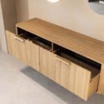 Wandhängender runder Badezimmer-Unterschrank 160 cm aus Natureiche mit abgerundeten Ecken und glatter Front