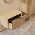 Wandhängender runder Badezimmer-Unterschrank 80 cm aus Natureiche mit abgerundeten Ecken und Riffelfront