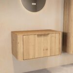 Wandhängender runder Badezimmer-Unterschrank 80 cm aus Natureiche mit abgerundeten Ecken und glatter Front