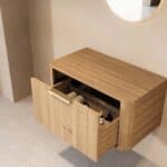 Wandhängender runder Badezimmer-Unterschrank 80 cm aus Natureiche mit abgerundeten Ecken und glatter Front