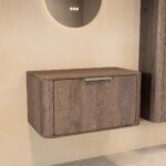 Wandhängender runder Badezimmer-Unterschrank 80 cm aus dunkler Eiche mit abgerundeten Ecken und glatter Front
