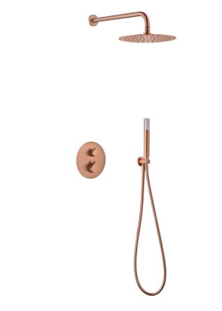Stilvolles thermostatisches Unterputz-Duschsystem in gebürstetem Kupfer mit PVD-Beschichtung, Kopfbrause Ø25 cm und separatem Handbrausenset. Wandanschluss. Erhältlich in 6 Farben und mit 5 Jahren Garantie.